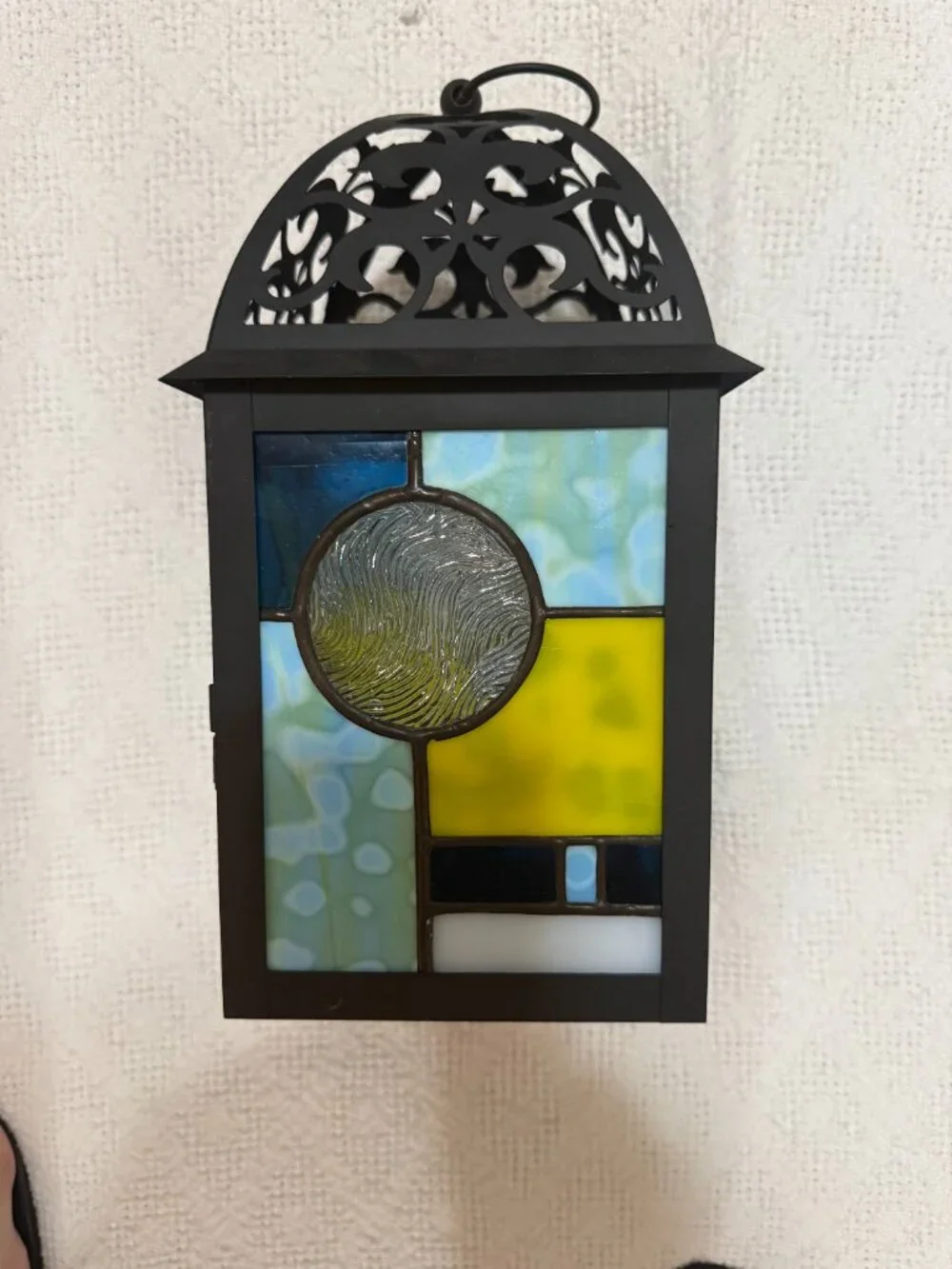 Tiffany-Style Stained Glass Black Metal Hanging Candle Lantern